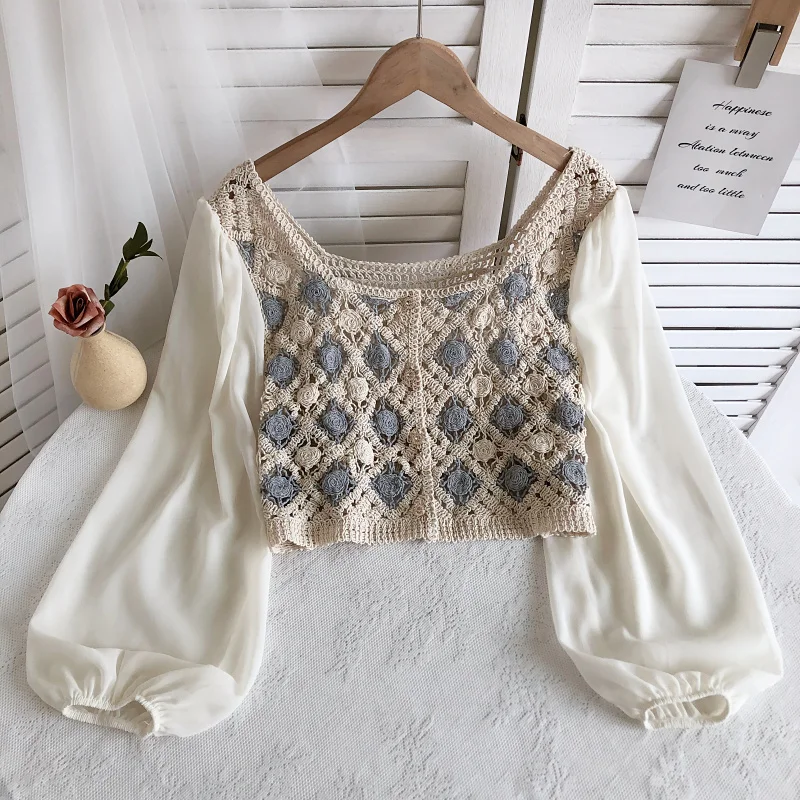 Geometric Embroidery Crochet Blouse with Chiffon Sleeve Button Front Cardigan Top Women Spring Summer Fairycore Cottagecore