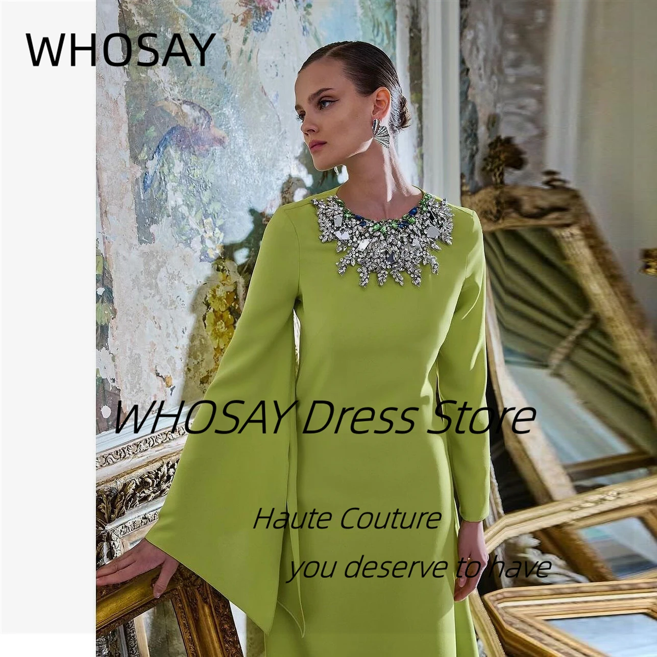 WHOSAY Haute Couture 2024 Handmade Crystals Neckline Evening Dresses Long Sleeves Prom Party Ladies Wear Formal Gowns