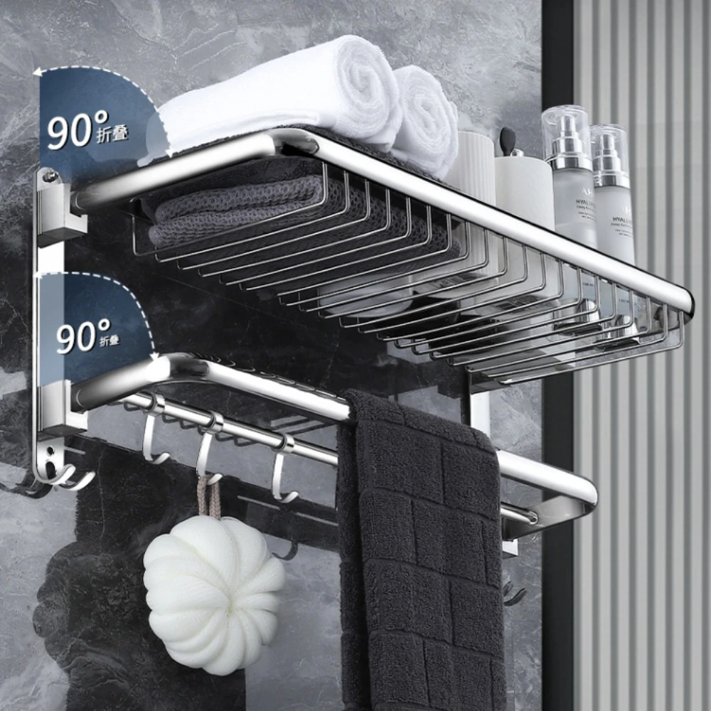 Imagem -03 - Acessórios do Banheiro do Double Folding Bath Towel Basket Wall Mounted Rack com Rod Armazenamento de Roupas Aço Inoxidável 304