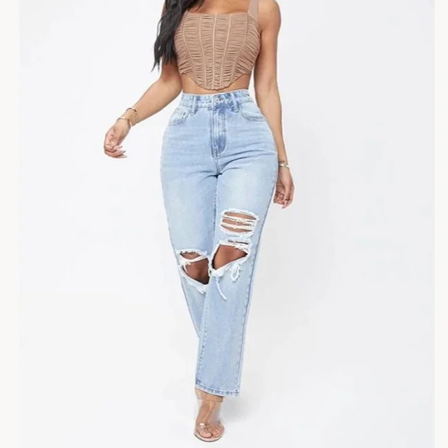 Women Mom Jeans Pant Long Pants Hollow Out Blue Elegant High Waist Pencil Elegant Wide Leg Streetwear Y2k Denim Trousers 2024