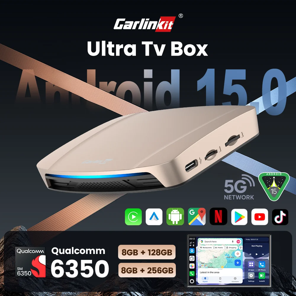 CarlinKit Ultra box Android 15.0 SM6350 Tv Box CarPlay Wireless Android Auto Wireless محول يدعم Youtube Netfilx IPTV GNSS
