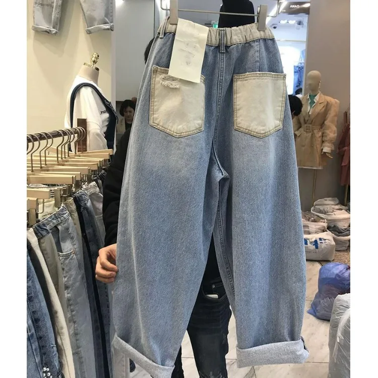 plus Size Mom Jeans Straight Leg Harlan Trousers Women's Loose Fit Spring Autumn Blue Denim Pants Flattering for plus Size