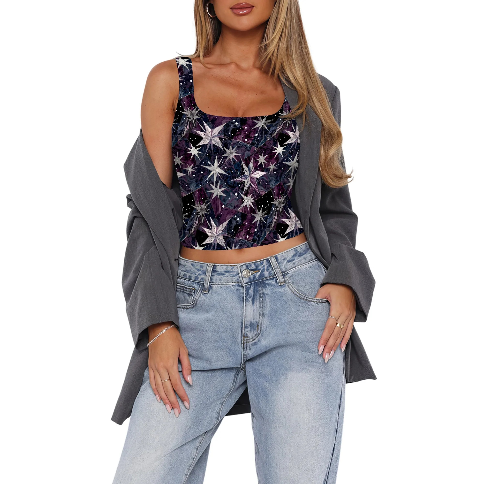 女性のセクシーなノースリーブクロップトップス二重層スクープネッククロップドタンクトップ