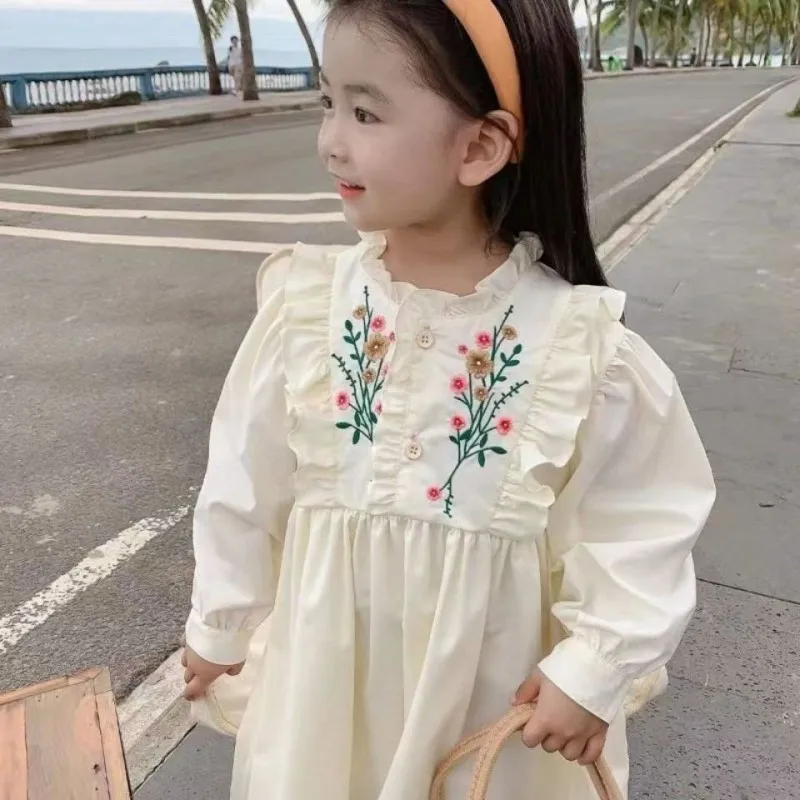 Children Dress 2023 Spring New Girls Vintage Flowers Embroidered Skirt Children Agaric Edge Dress Knee-Length Girl Dress