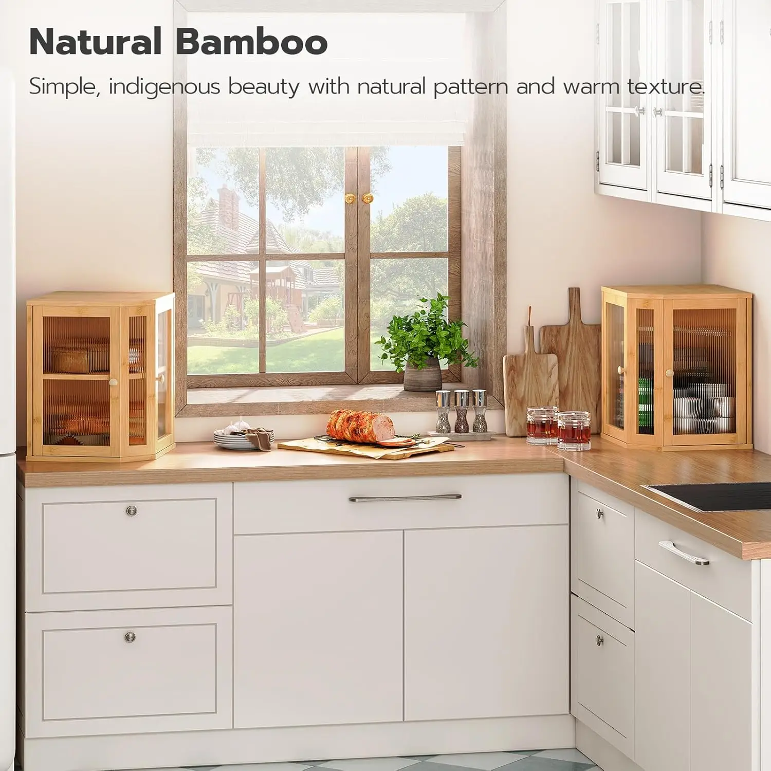 Bamboo Bread Box with Dual Acrylic Doors, 2-Tier Storage for Kitchen Countertop, Large Capacity Food Container