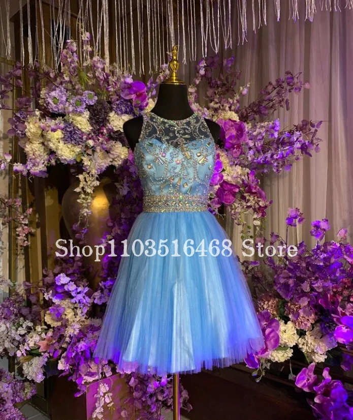 Luxury Diamante Mini Quinceanera Dresses 2024 Round Neck Crystal Beaded Tie Lace Flower Girl Dresses Vestidos De 15 Quinceañera