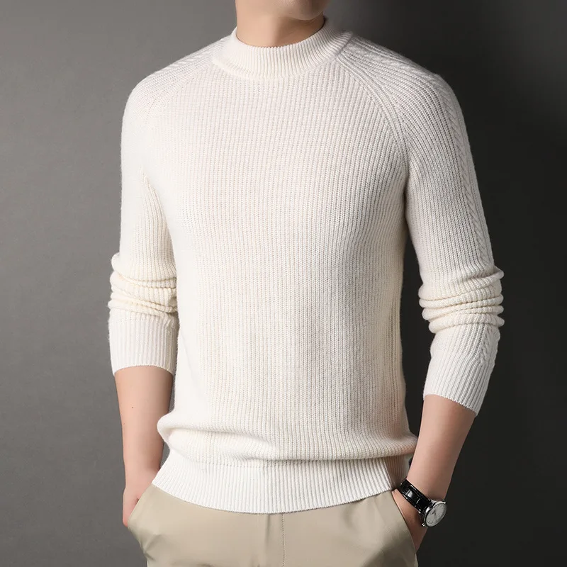 سترة رجالية سميكة شتوية جديدة بلوفر نصف رقبة مستديرة عالية محبوك سترة صوف قميص قاعدة دافئ