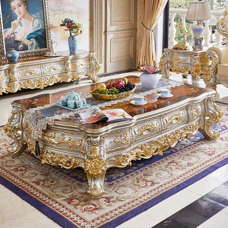 European coffee table, TV cabinet combination set,living room, high-end luxury villa, all solid wood carved long coffee table
