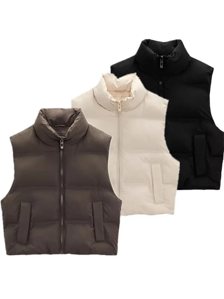 

Warm Versatile Fashion Outerwear Polo Collar Trendy Style Women's Short Sleeveless Cotton Vest Autumn Season Stand Collar