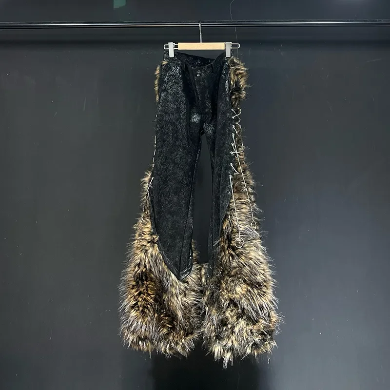 Men Leopard Print Patchwork Faux Fur Flared Pants Thickened Casual Trousers Niche Fashion Streetwear Warm Winter Bottoms