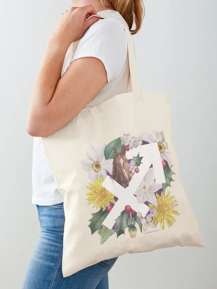 Sagittarius Watercolor Horse with Birth Flowers Narcissus Holly Dandelion Tote Bag Cloth bag tote bags men Tote Bag