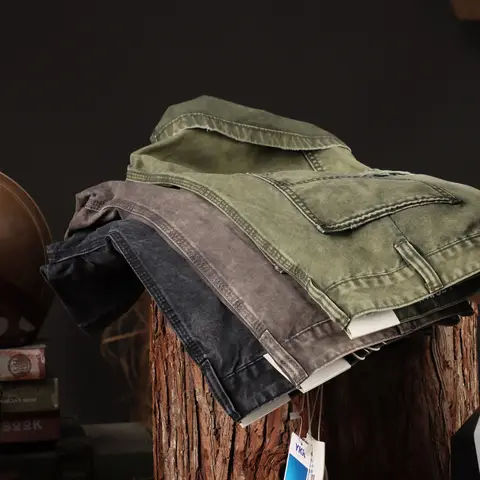 Pantaloncini casual da lavoro verdi militari retrò lavati del marchio di moda americano per pantaloni in denim moda pesante estivi da uomo