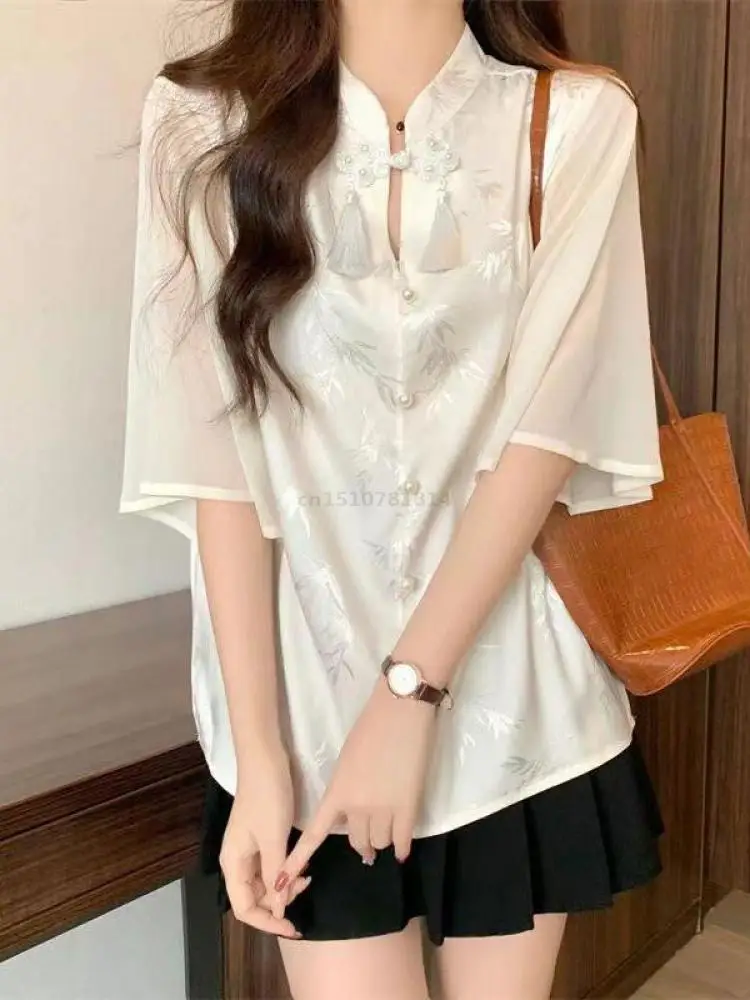 2026 New Summer Satin Chiffon Chinese Frog Button High-Collar Qipao Blouse Lady Luxury Short Sleeve Jacquard Elegant Chic Office
