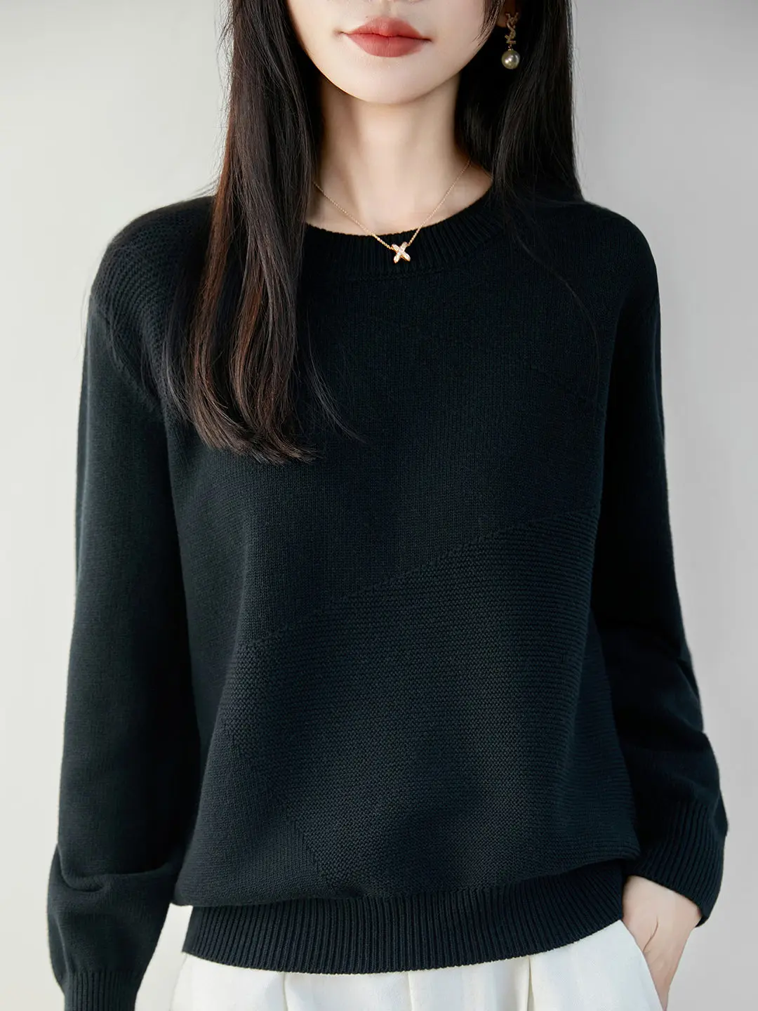 Minimalist round Neck Pullover Pure Cotton Knitwear Women's Loose Long Sleeve Autumn Winter Slimming Base Shirt Versatile Swe...
