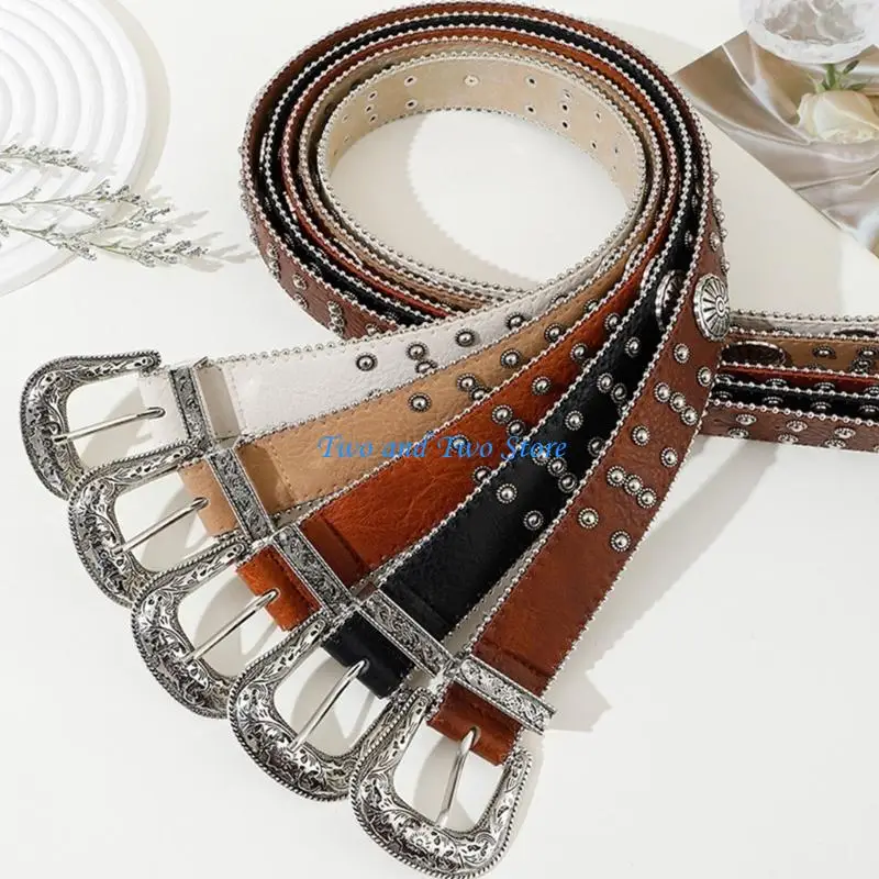 

HX6F Rock Waist Belt with Relief Pattern Buckle Waistband for Adult Jeans Coat Decors