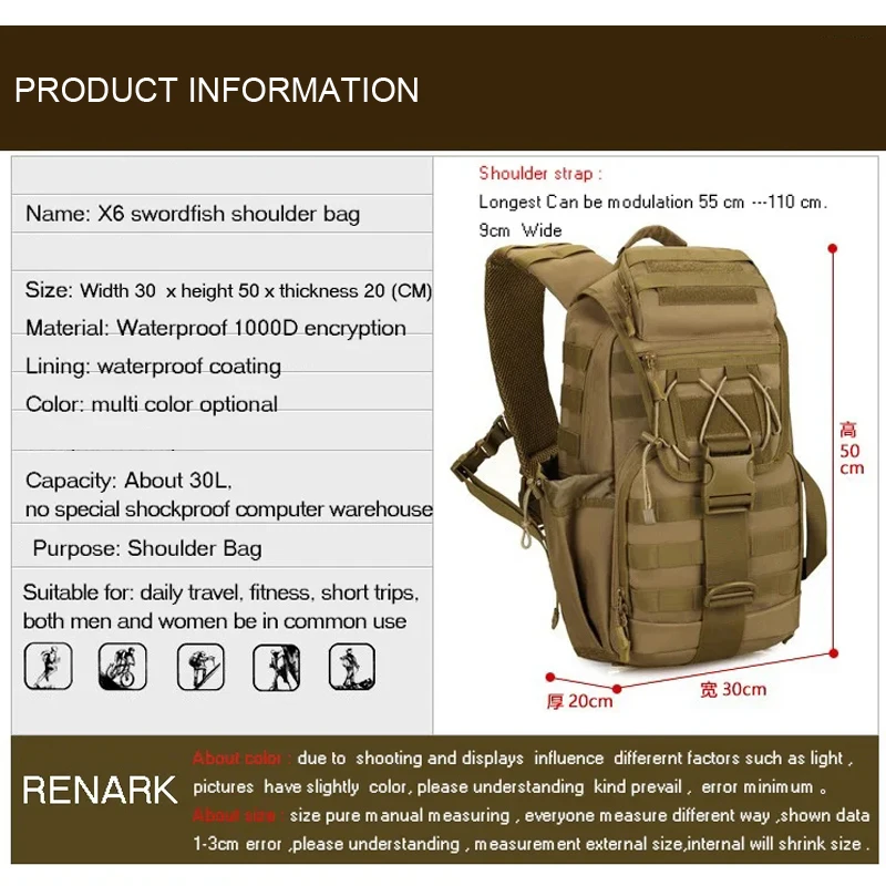 Men\'s 30 Liter X6 Shoulder Bag Tactical Military Leisure Large Chest Bag Messenger Bag Tactical Archer Riding Travel  Backpack