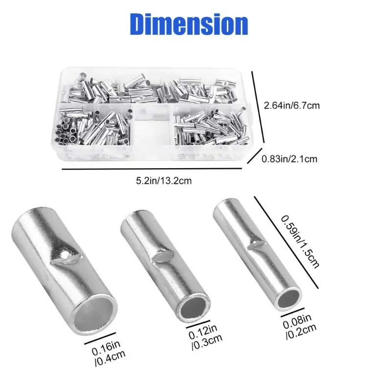 200PCS Non-Insulated Butt Wire Connector Ferrules Electrical Cable Terminal Copper Bare Tinned Crimp Terminal 0.5-6mm2 22-10AWG