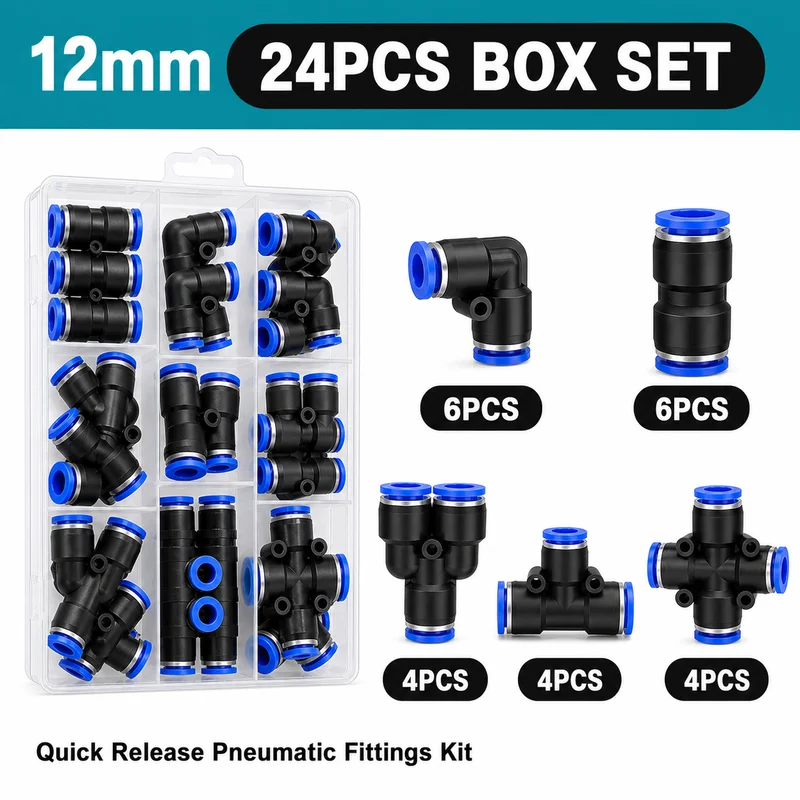Pneumatisches Steckverbindungs-Set 4 6 8 10 12mm Luftschlauch Schnellverschluss-Verbinder Gerade Winkel T-Stück Y-Kreuz Aufbewahrungsbox