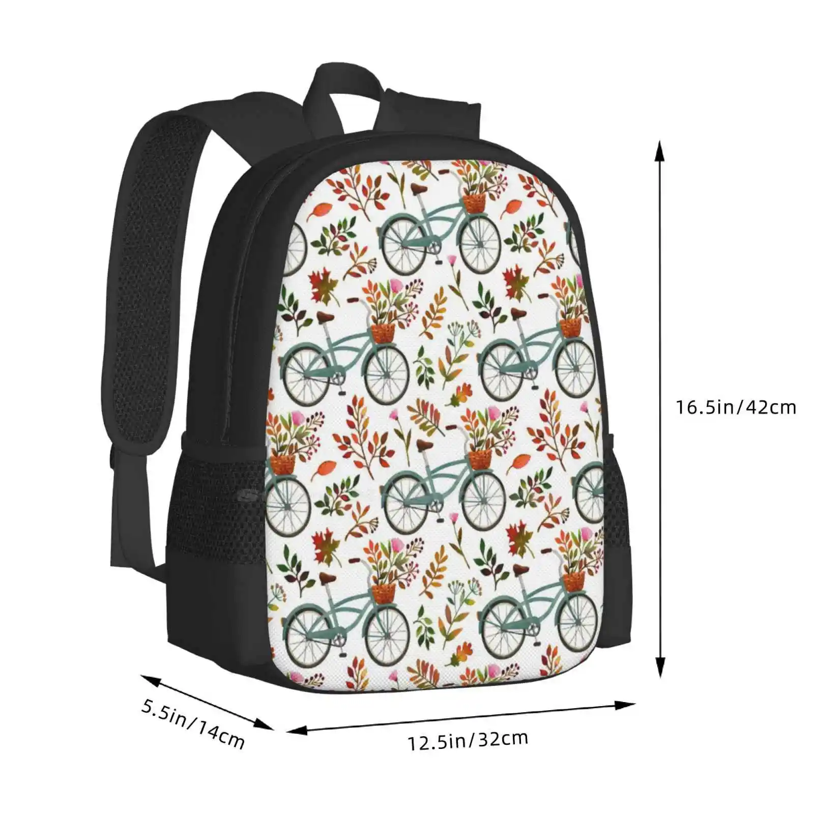 Fundo Branco Bike Ride-On Mochila, mochilas escolares, Viagem Laptop Mochila, Seamless repetitivo, interminável Artístico Padrão Detalhada, Outono