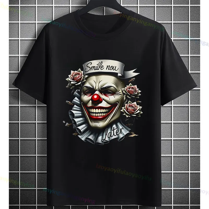 Men's Gothic Clown Graphic T-Shirt - Smile Now Cry Later Design with Roses Short-sleeve Pure Cotton Streetwear Fashion Tshirt
