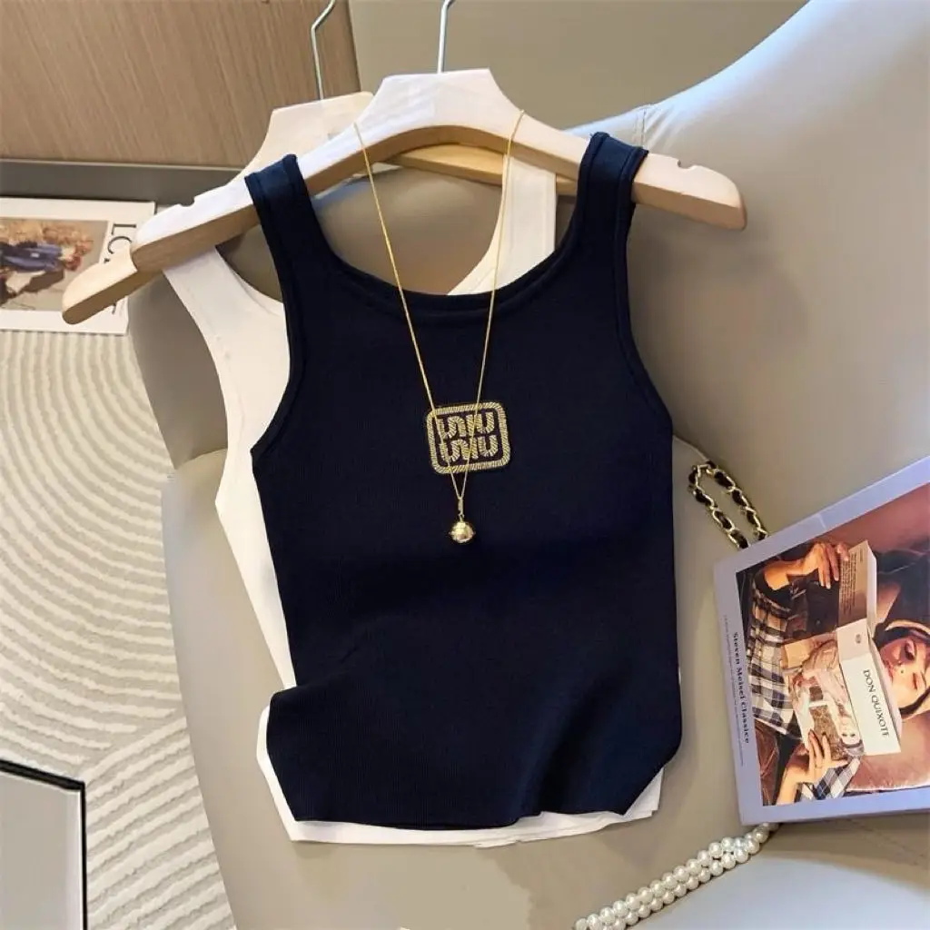 

Женская повседневная майка с вышитыми буквами, летняя универсальная новая вязаная тонкая футболка без рукавов, женская одежда, нижняя рубашка