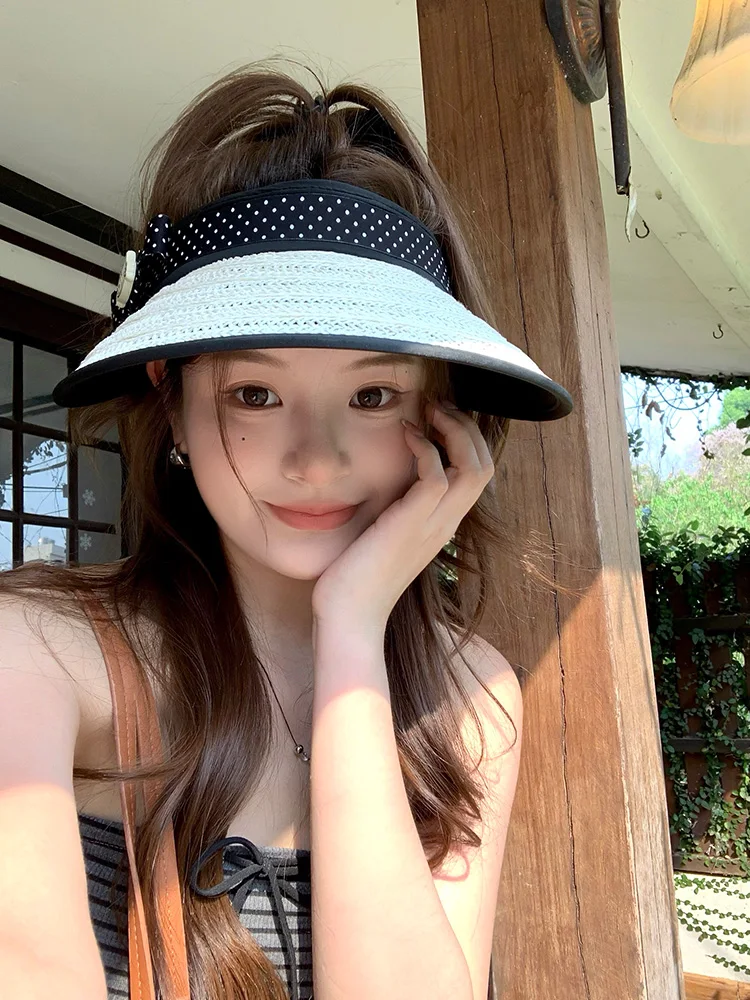 Cute Straw Woven Empty Top Sun Hat Women Summer New Large Brim Hat Sunshade Outdoor Hat Casual Cartoon Style for Shopping