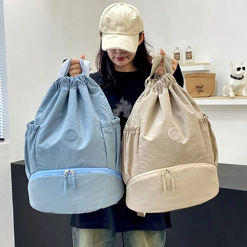 

1pcs Drawstring Nylon Backpack with Shoe Compartment, Lightweight Daypack with Side Pockets