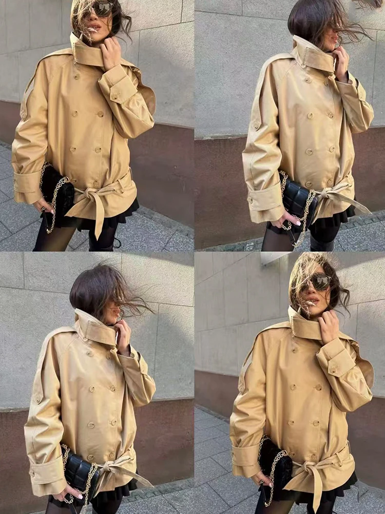 

Женская ветровка TFMLN с высоким воротником, модная двубортная куртка с поясом, короткая повседневная куртка в уличном стиле, новинка весенней коллекции