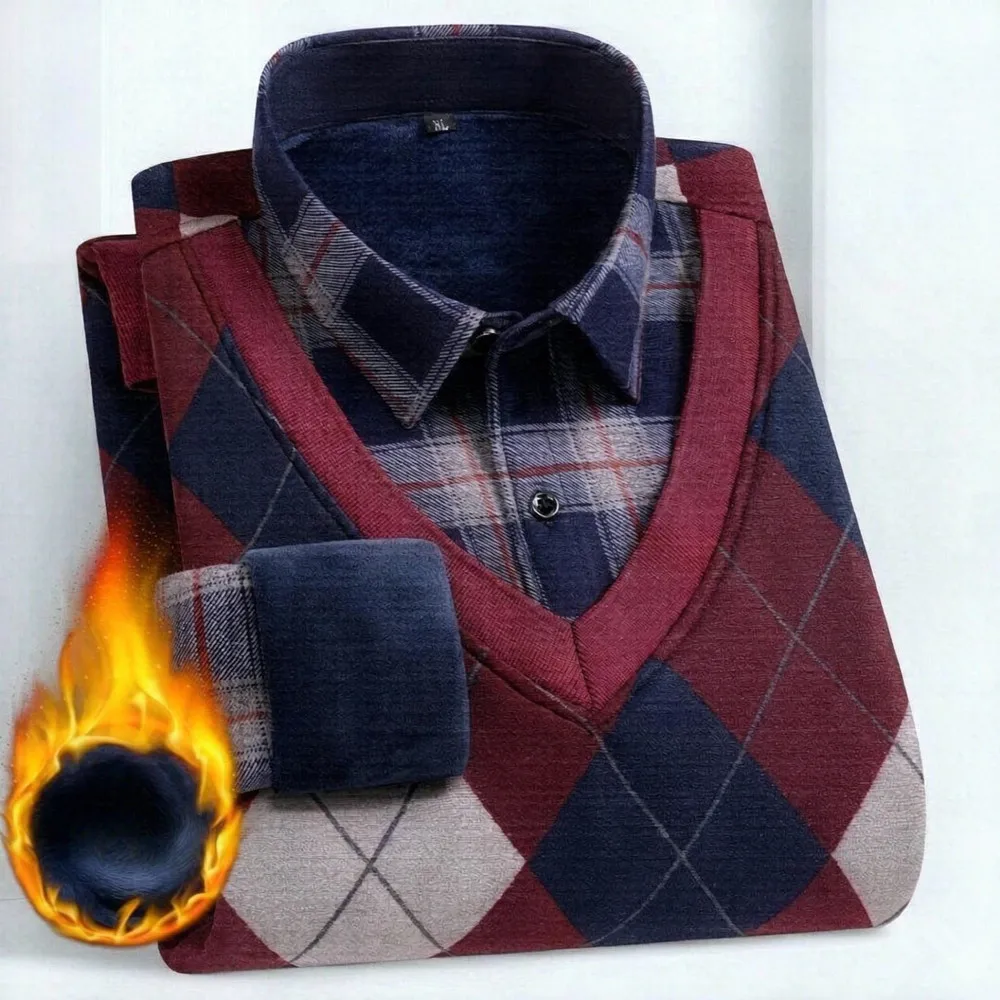 Men's Winter Warm Fleece Lined Argyle Vest Shirt Combo V-Neck Pullover With Plaid Long Sleeve Casual Thick Fake Two-piece Shirts