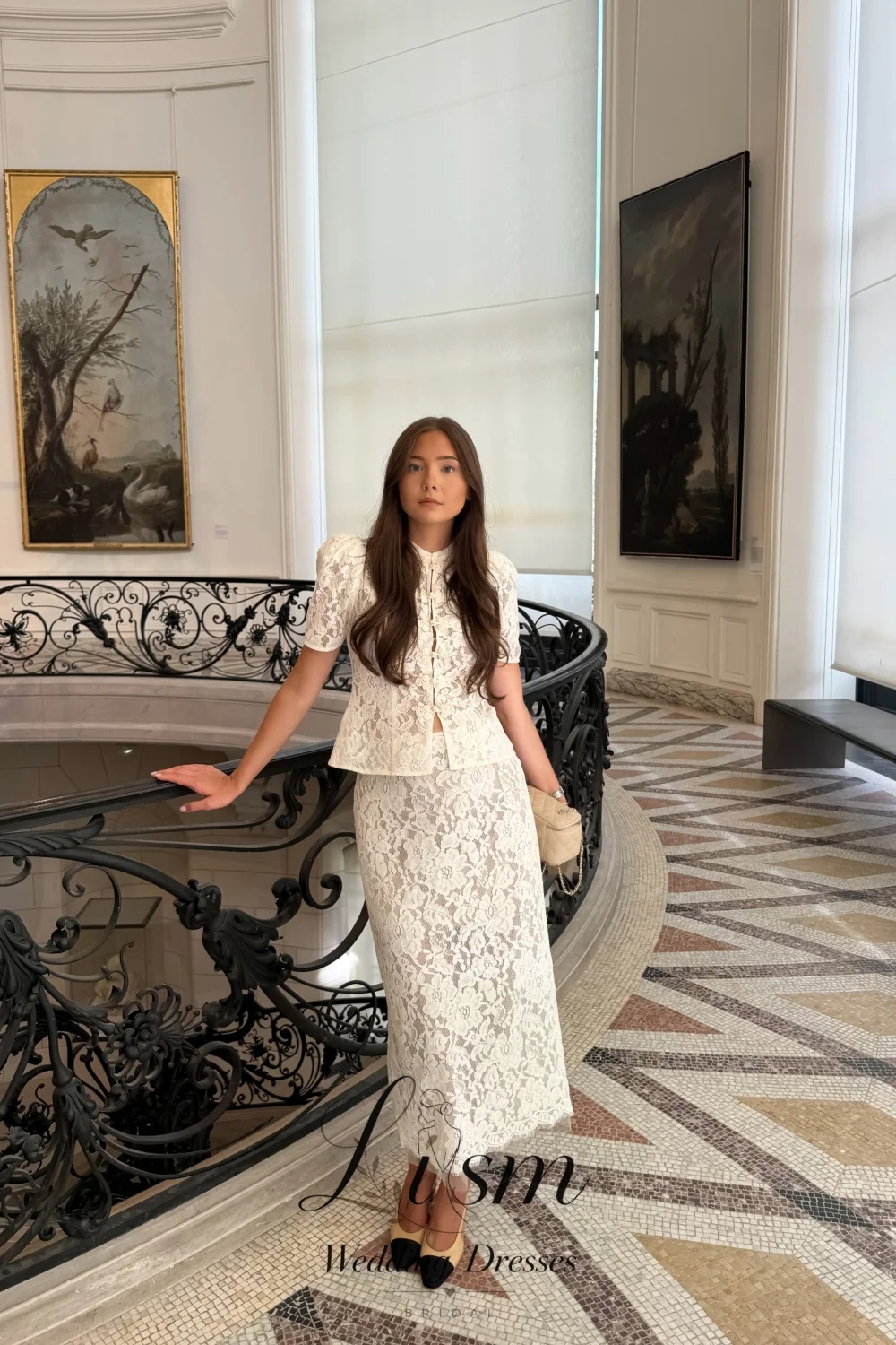 Lism Dreamy Two Piece Lace Elegant Mid-Calf Sheath Wedding Dress Puff Short Sleeves Frog Buttons 2027 Robe De Mariée Customized