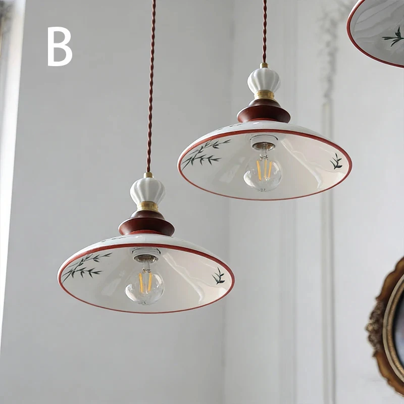 Vintage Hand Painted Ceramic Pendant Light E27 Retro Green Leaves Pattern Hanging Lamp Kitchen Island Dining Room Bedroom