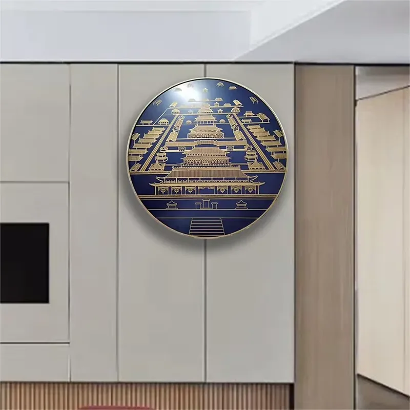Blue and Gold Ancient Chinese Building - Themed Circular Wall Decor | Intricate Metal Art Panel