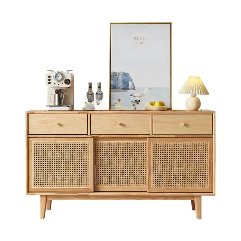 45 Nordic Rattan Sideboard Cabinet Living Room Solid Wood Locker Wall-Mounted Drawer Storage Cabinet