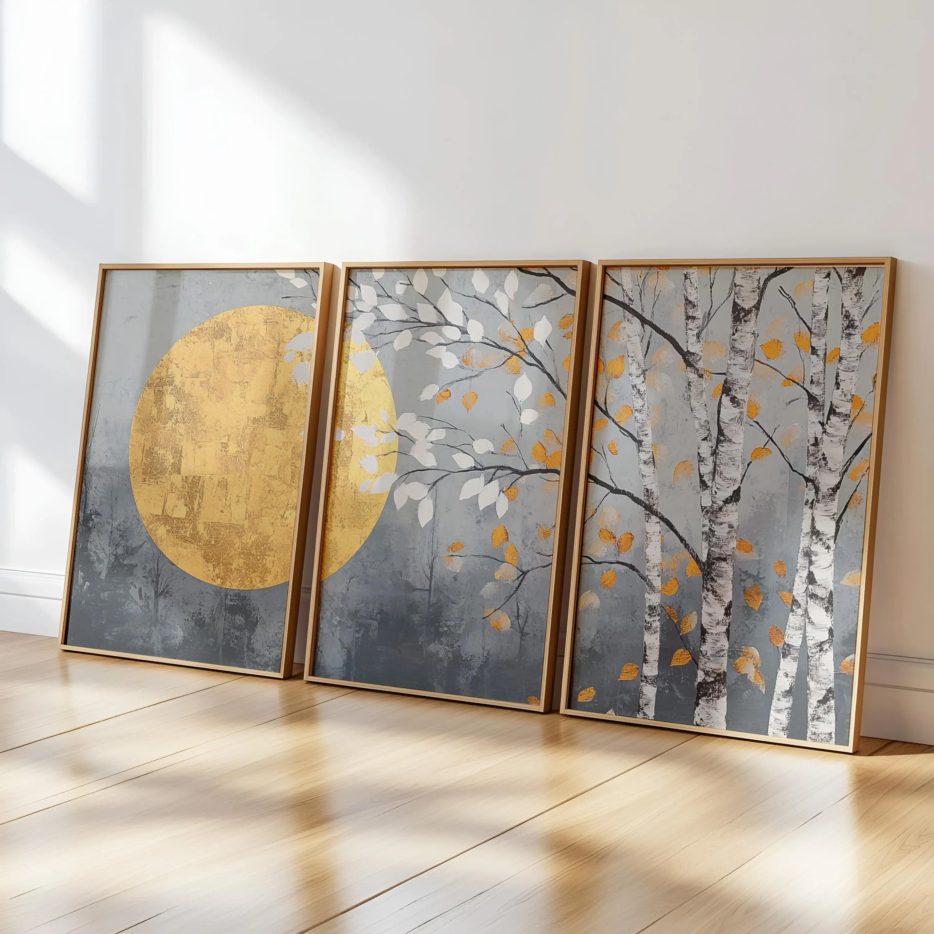 3pcs frameless Canvas Painting 3pc Dead tree and moon Canvas Wall Art, Japandi Art Piece, Japandi Nature Art, Art Piece for Hall