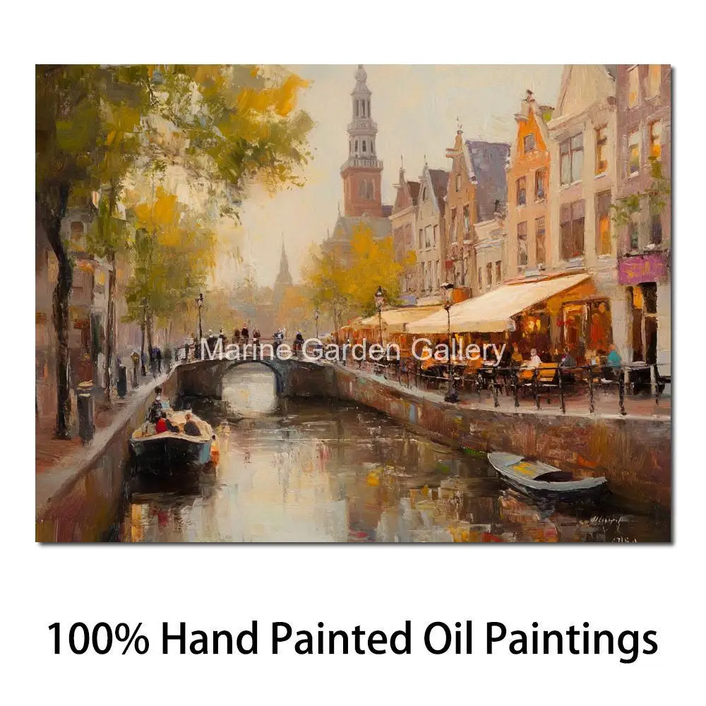 Hand Painted Canvas Art Oil Painting Dordrecht in Netherlands Cityscape Modern Landscape Artwork Wall Decor for Family Room