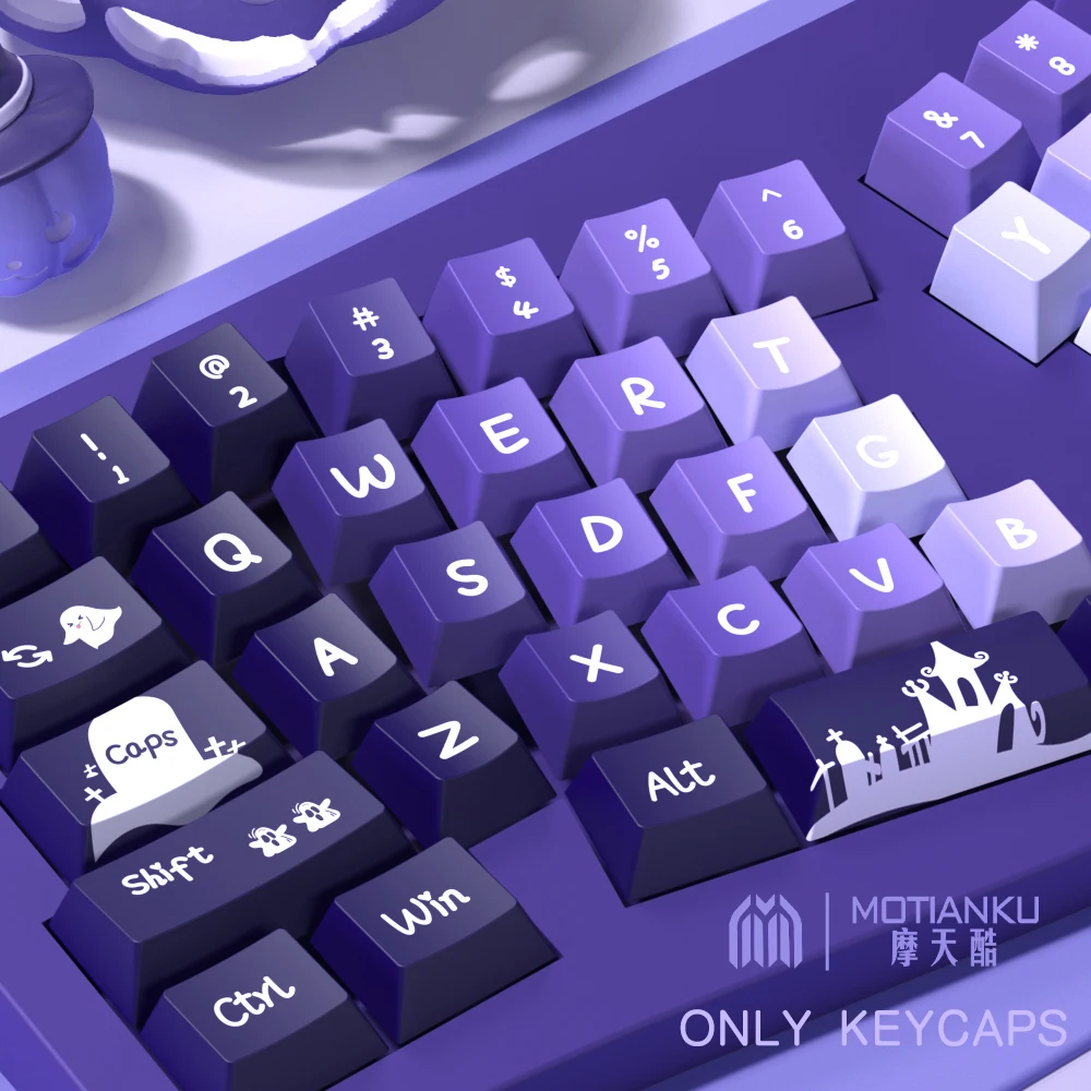 

138/158 key with purple-black color scheme and anime-style keycaps, made of PBT material, with five-sided printing technology