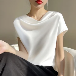 Summer women's silky satin one-line neck short sleeve cool solid color T-shirt women 2024 new women's fashion top