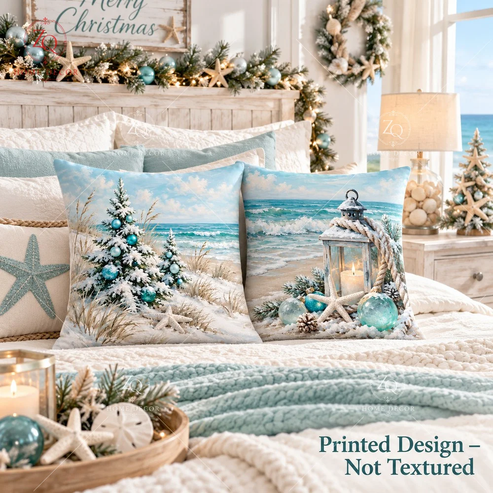 Coastal Christmas Pillow Cover 2D Flat Printed Peach Skin Throw Pillowcase Beach Tree Cushion Cover Sofa Couch Living Room Decor