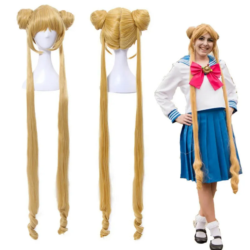 

Sailor Moon Tsukino Usagi Two Ponytails Buns Bangs Long Blonde Cosplay Full Wig