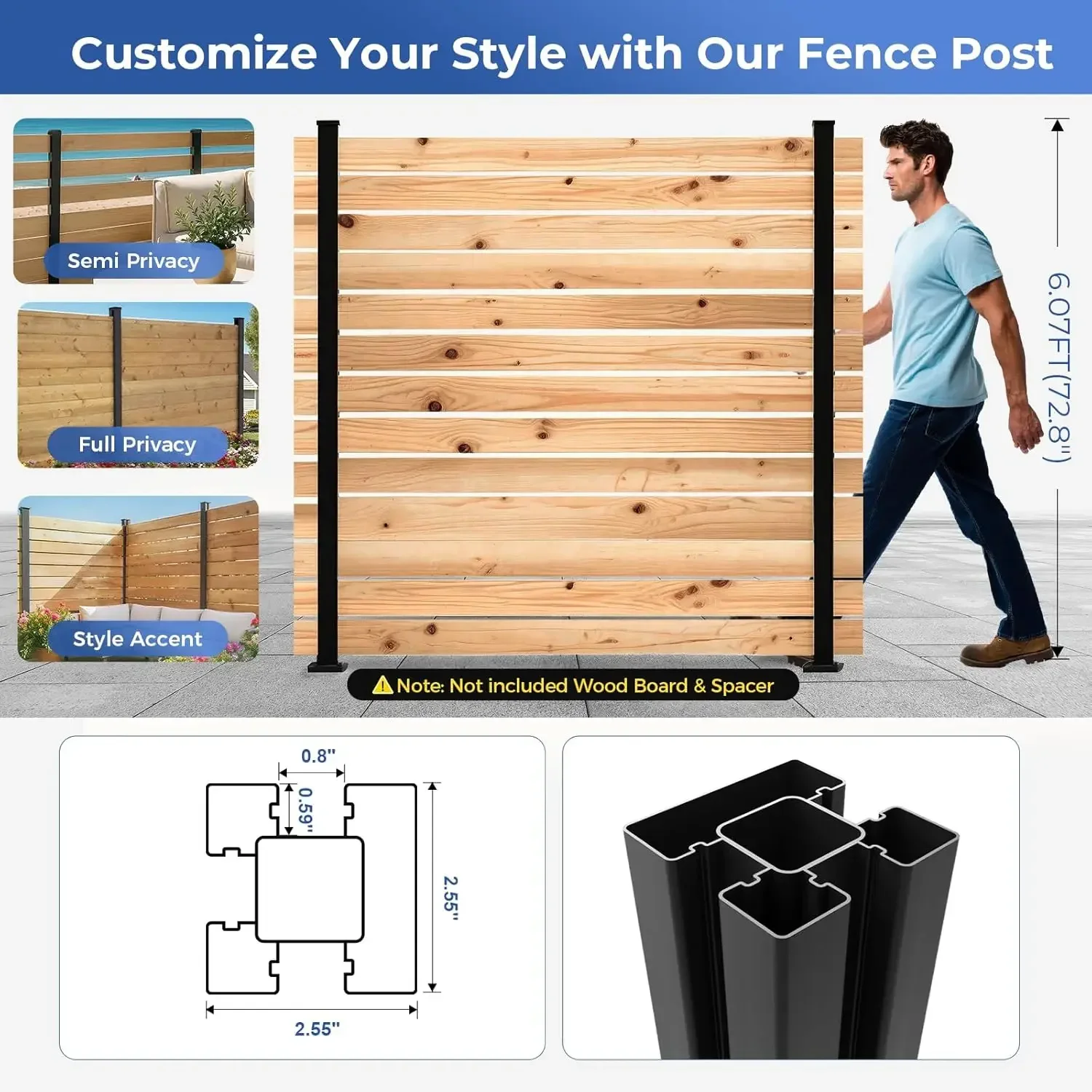 6FT Heavy Duty Aluminium Fence Post, No Dig Metal Post for Outdoor Privacy Fence Panels Compatible with Wood Slats and Composite