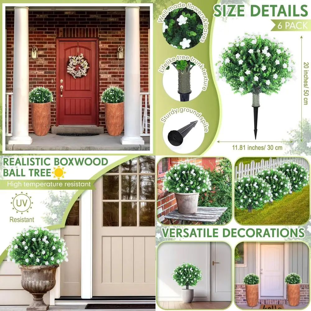 

20 Tall Artificial Boxwood Topiary with Flowers, UV-Resistant Outdoor Faux Bush for Porch, Patio, Indoor Decor (White)