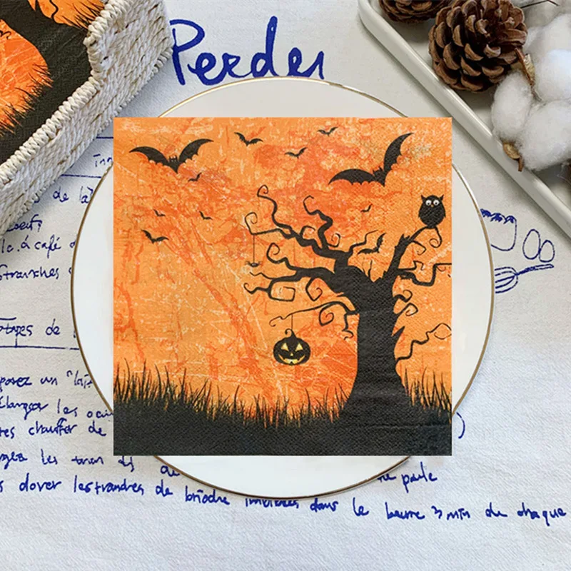 20Pcs/Pack Halloween Pumpkin Ghost Decoupage Paper Napkins Witch Haunted House Napkin Paper Tissue for Halloween Party Supplies