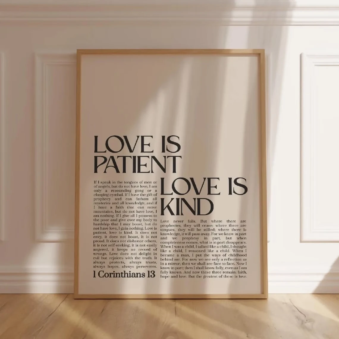 Arte de parede moderna e retrô com citações de versículos da Bíblia Corinthians 13, impressão em tela, pôster, imagem para sala de estar, quarto, decoração de casa