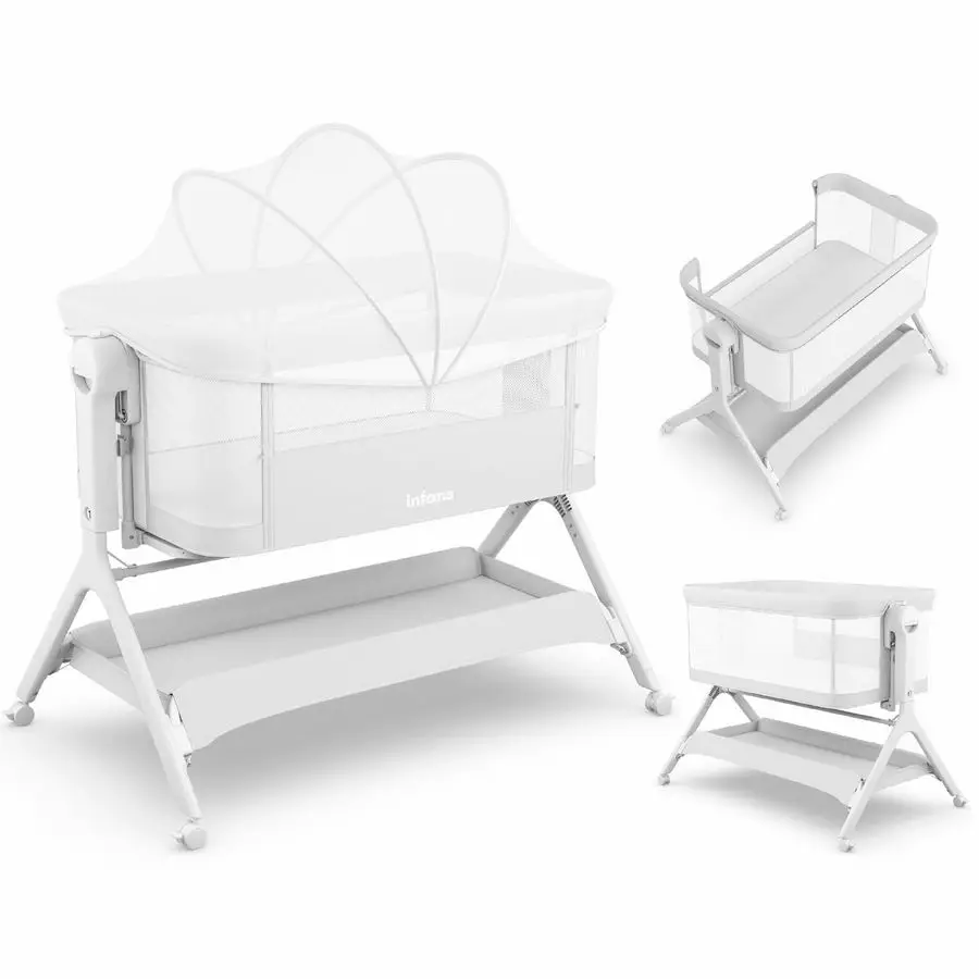 

5 in 1 Baby Bassinet, Upgraded Rocking Bedside Sleeper with Wheels, Storage Basket, Travel Bag, Mosquito Net, Height Adjustable,