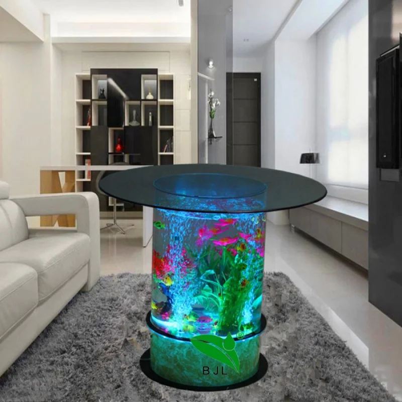 Mesa de acuario con burbuja de agua, cristal redondo personalizado, brillante