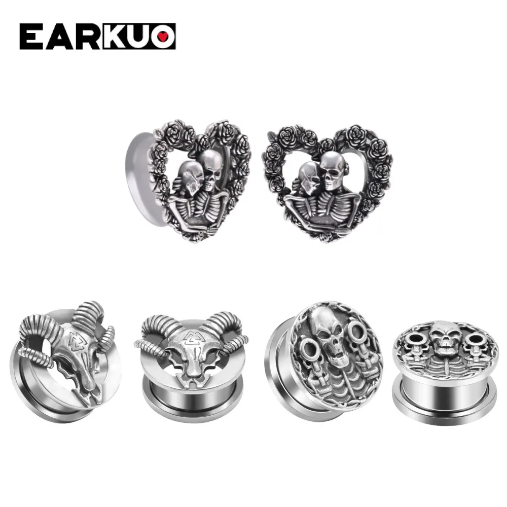 EARKUO Unique Stainless Steel Animal Design Ear Plugs Tunnels Gauges Piercing Body Jewelry Earring Expanders Stretchers 2PCS