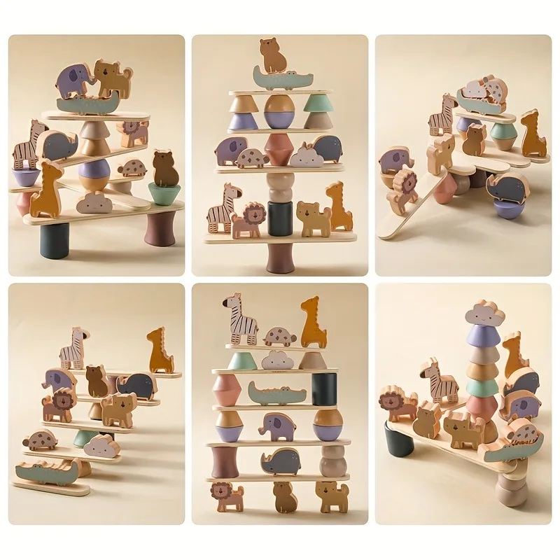 Wooden Stacking Toys for Toddlers Animals Stacking Blocks Balance Game Preschool Montessori Educational Toys for Kids Boys Girls