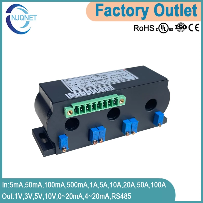 Hall Effect Current Sensor QN3DB1 AC 5mA 50mA 100mA 1A 5A 10A 20A 50A 100A/ 5V 10V 4-20mA RS485 Three Phase Current Transducer