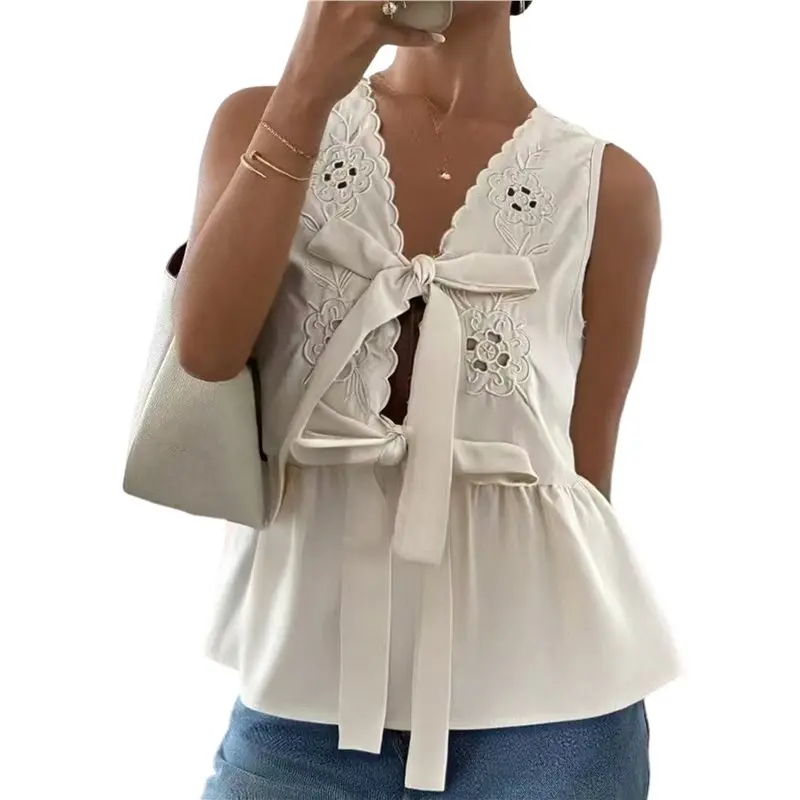

CYL-Women's Tie Front Blouse V Neck Sleeveless Shirt Eyelet Embroidery Ruffle Peplum Tops