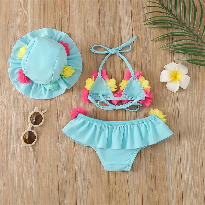 Infant Girls Swimwear Three-piece Bikini Set Flower Halter Neck Swimming Tops Bottoms and Sun Protection Cap Bathing Suit